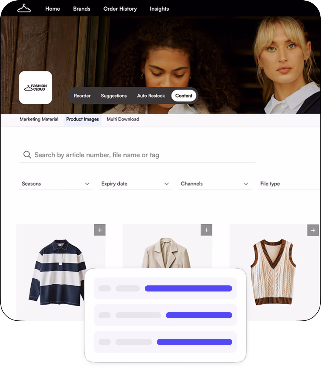 Fashion Cloud web interface showing navigation menu, search bar, filter options, and images of clothing items including a striped shirt, beige blazer, and knitted vest.
